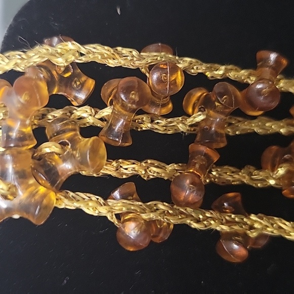 Beaded Sweater Necklace. Amber Plastic Beads. Delicate Gold Metallic Threads 47" - Picture 4 of 8